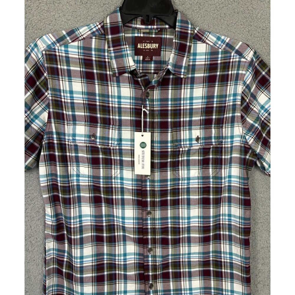 Alesbury Mens Plaid Short Sleeve Pockets Button Up Shirt Medium Multicolor NWT's - Picture 2 of 7
